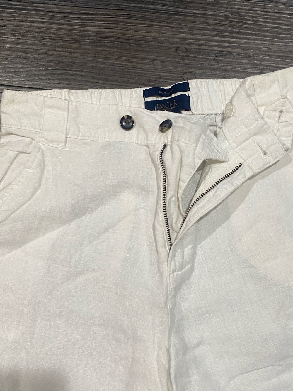 New Rachel White Straight Linen Pants with Buttoned Waist